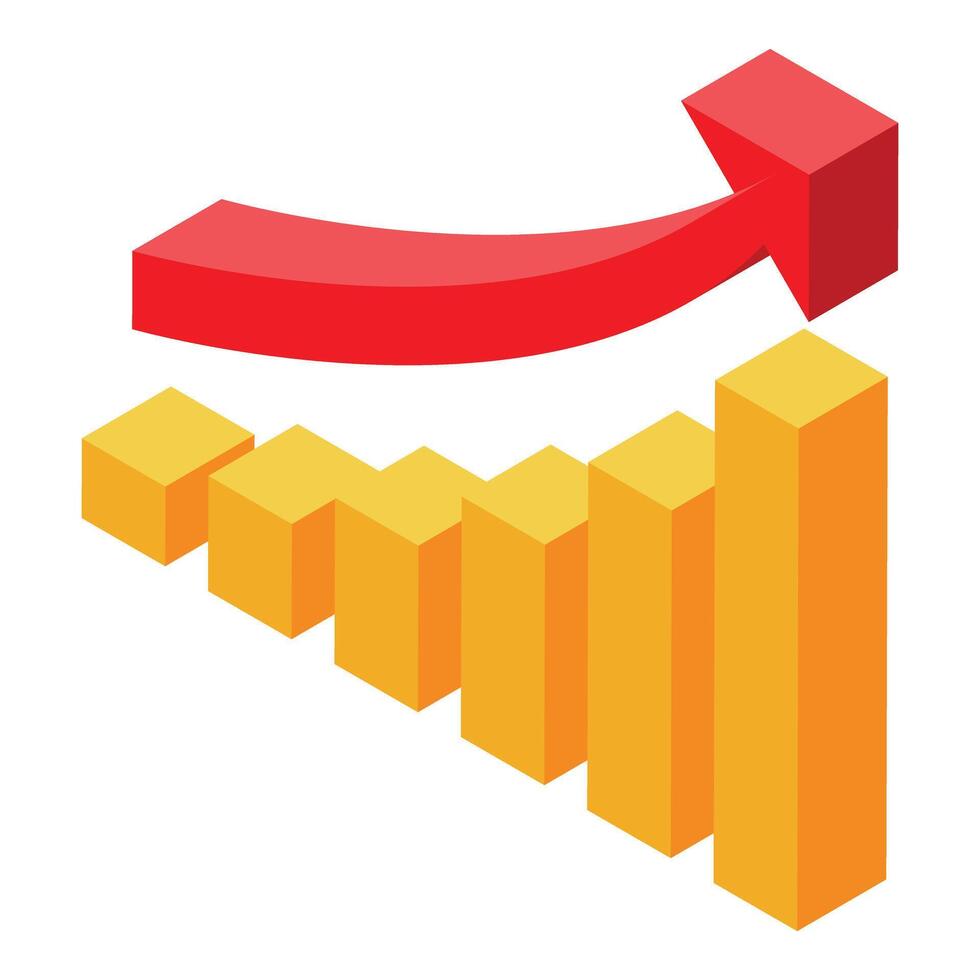 Red arrow growing over yellow chart bars isometric illustration vector