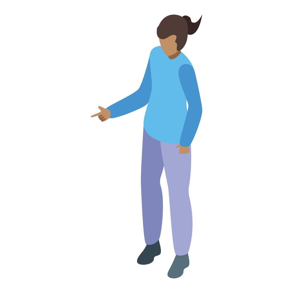 Young woman is standing and pointing with finger to the left side vector