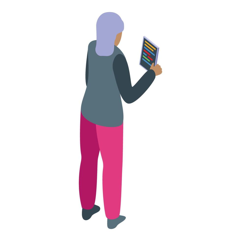 Arab woman character holding tablet using mobile app vector