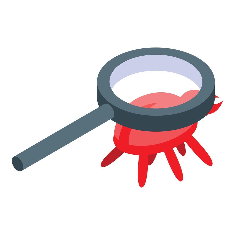 Entomologist studying a red mite with a magnifying glass vector