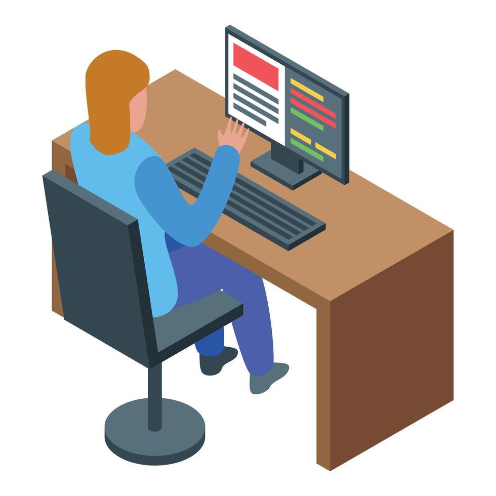 Programmer working on her computer, developing new software vector