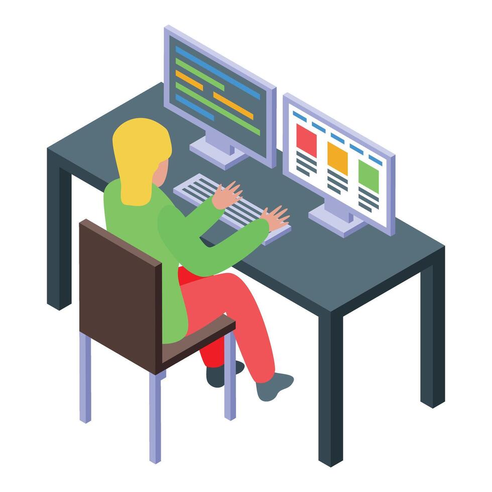 Web developer working on computer with code on screen vector