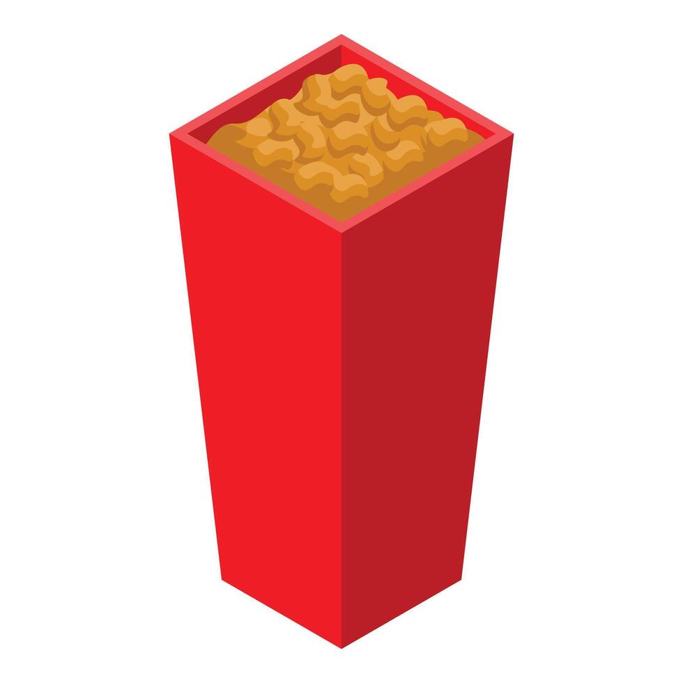 Red paper box full of popcorn standing on white background vector
