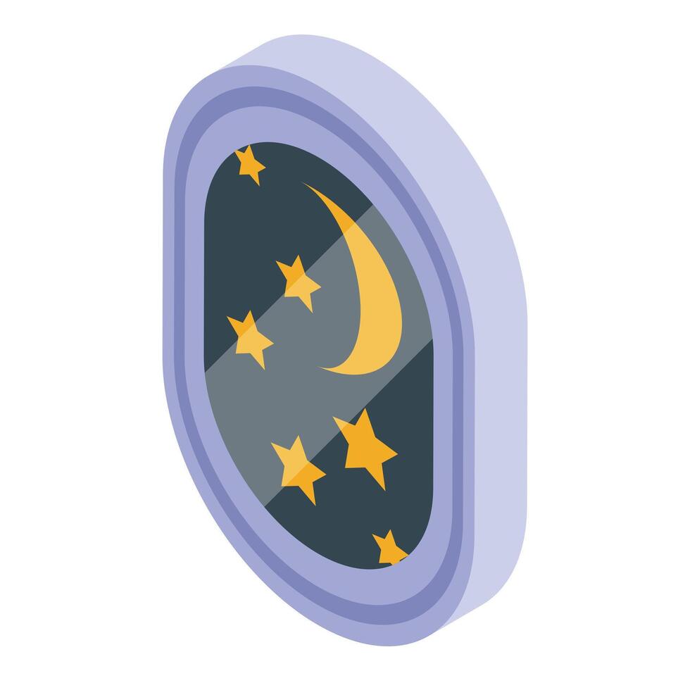 Oval window showing night sky with crescent moon and stars isometric illustration vector