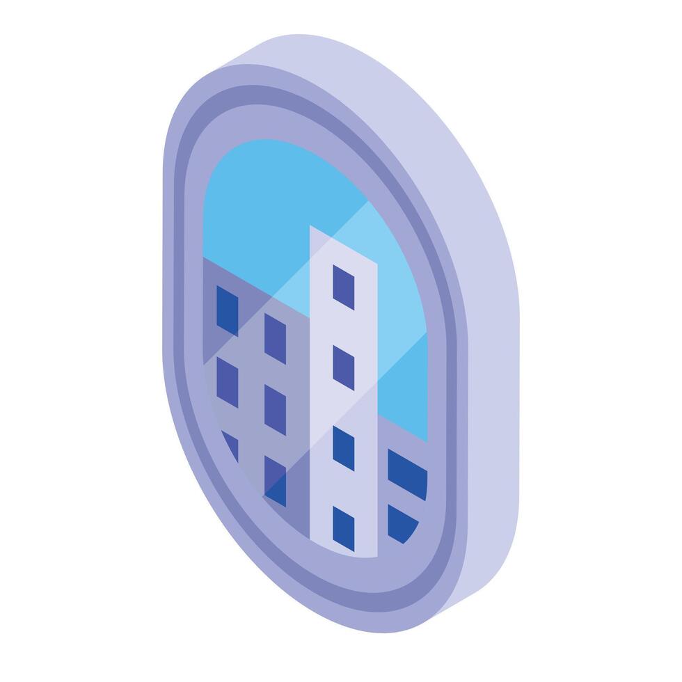 Round window showing cityscape with modern buildings in isometric view vector