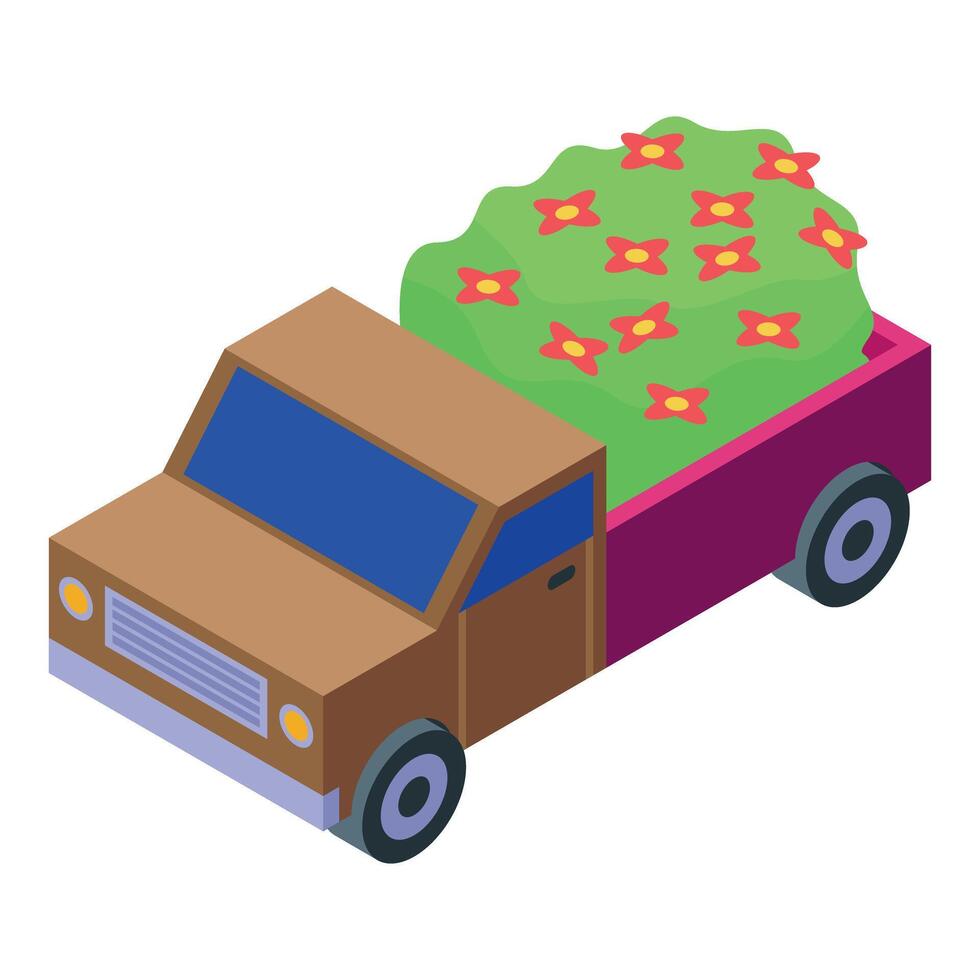 Pickup truck carrying flowers in open trunk isometric illustration vector