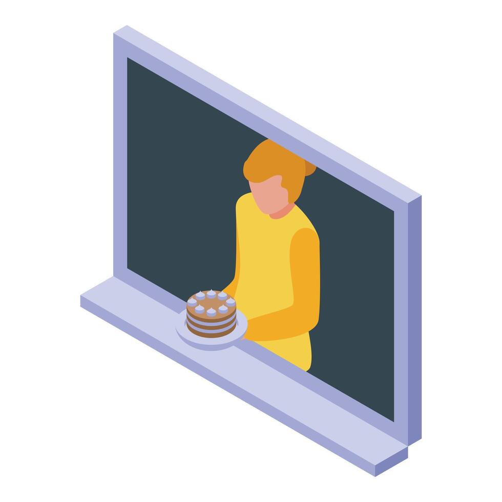 Pastry chef woman holding cake on plate in window display isometric view vector