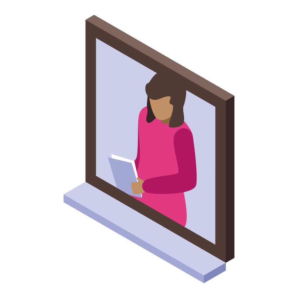 Woman looking out window holding tablet isometric icon vector