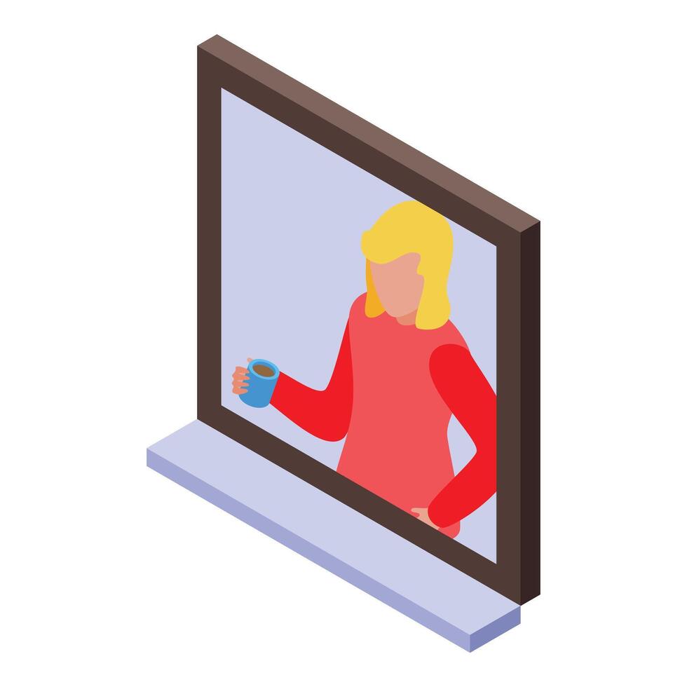 Woman is drinking coffee and looking out the window isometric icon vector
