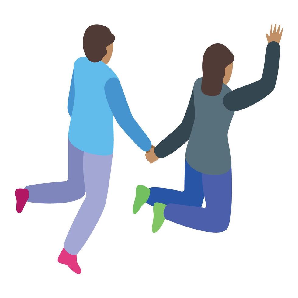Two happy people running and jumping holding hands vector