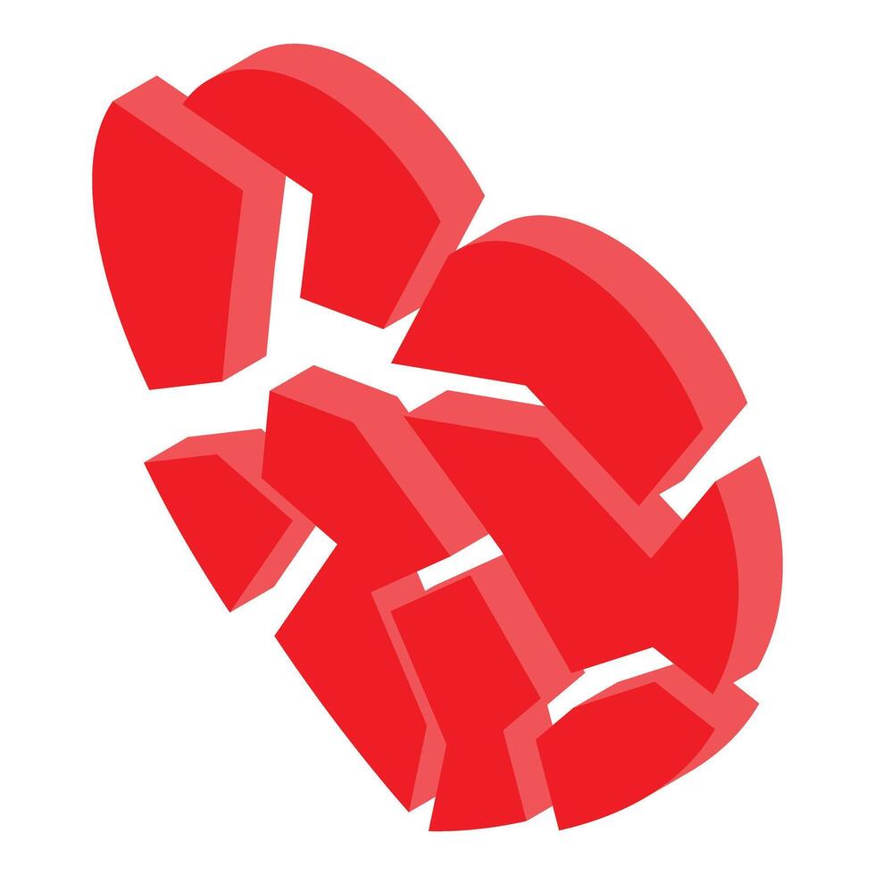Red heart breaking separating into pieces isometric icon vector