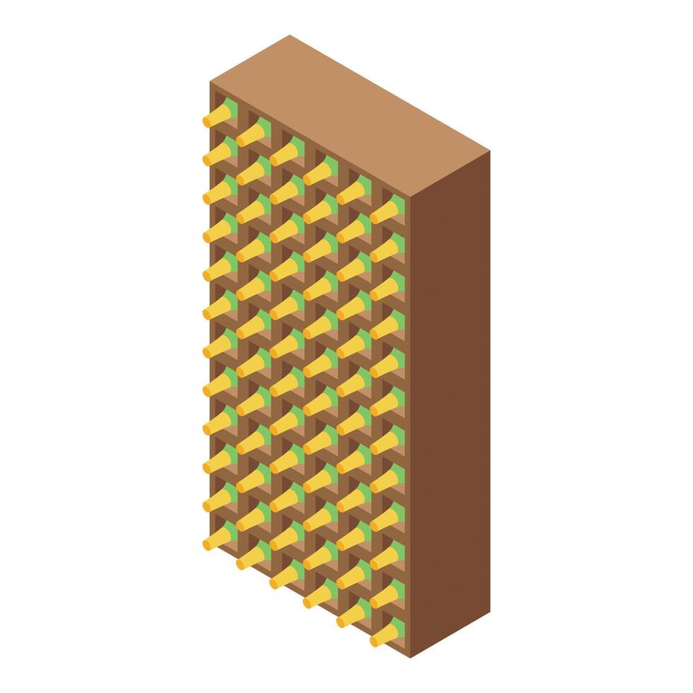 Wine cellar isometric view showing wine bottles organized on wooden racks vector