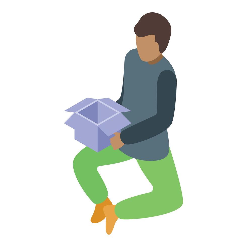 Delivery man kneeling holding open cardboard box vector