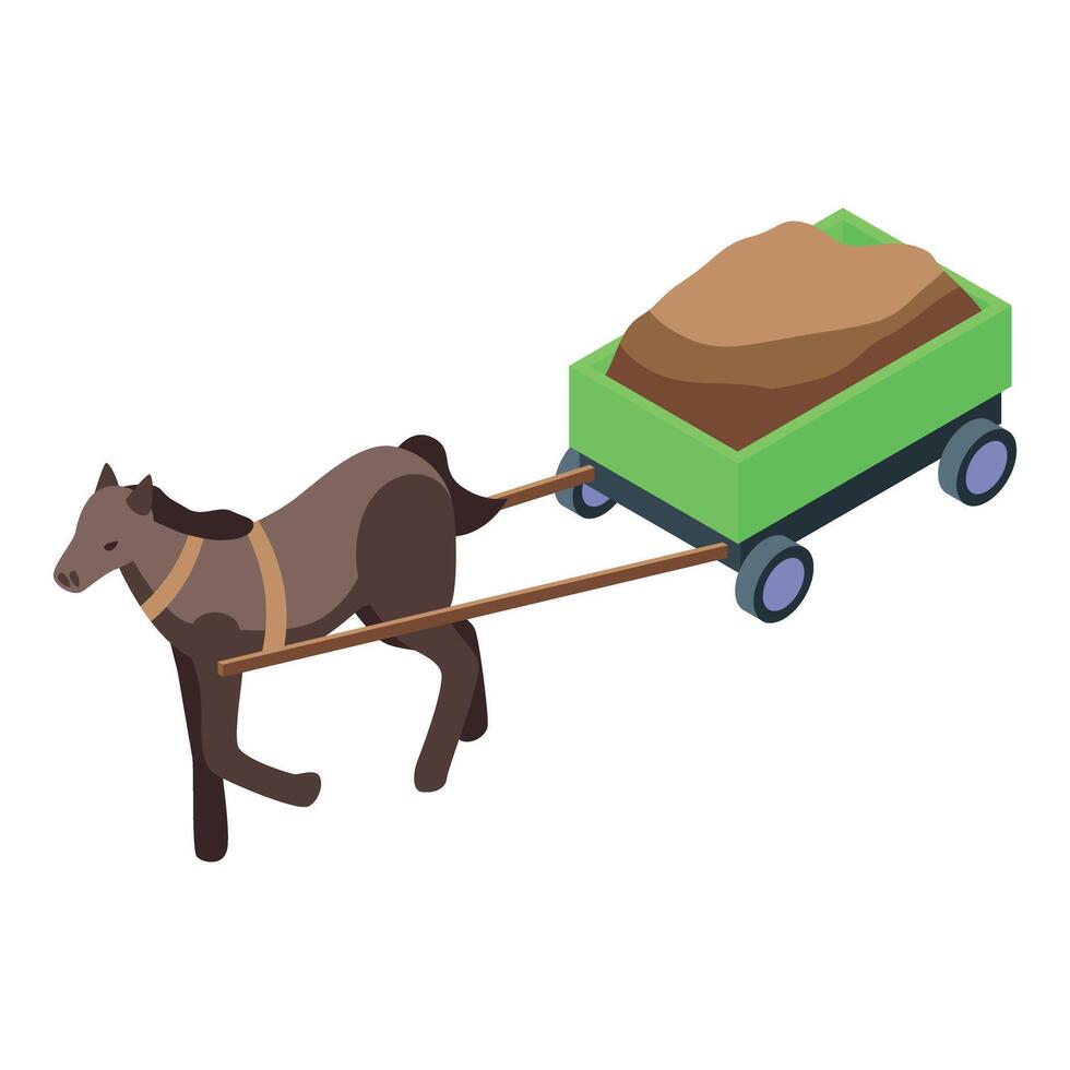 Horse pulling loaded wooden cart isometric icon vector