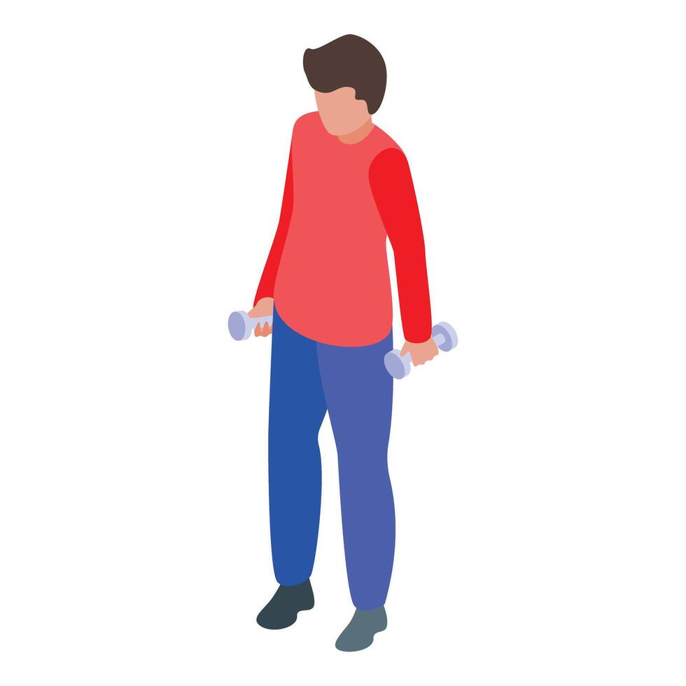 Young man lifting dumbbells during home workout routine isometric icon vector