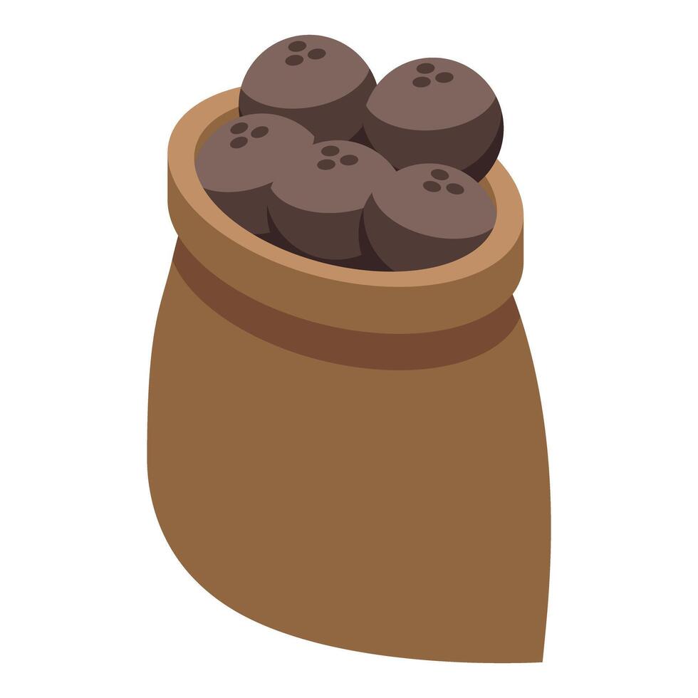 Full burlap sack holding round coconuts vector
