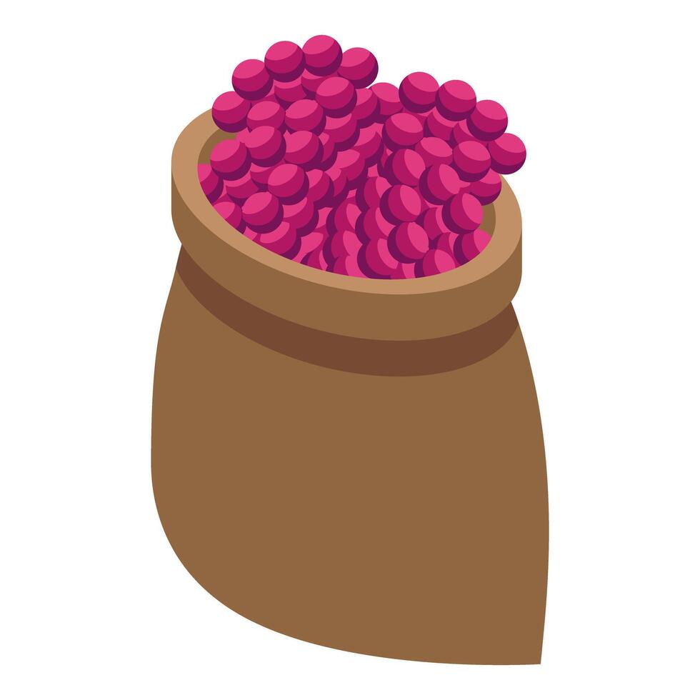 Full burlap sack overflowing with coffee beans isometric illustration vector
