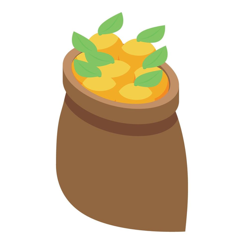Full burlap sack with ripe oranges and green leaves vector