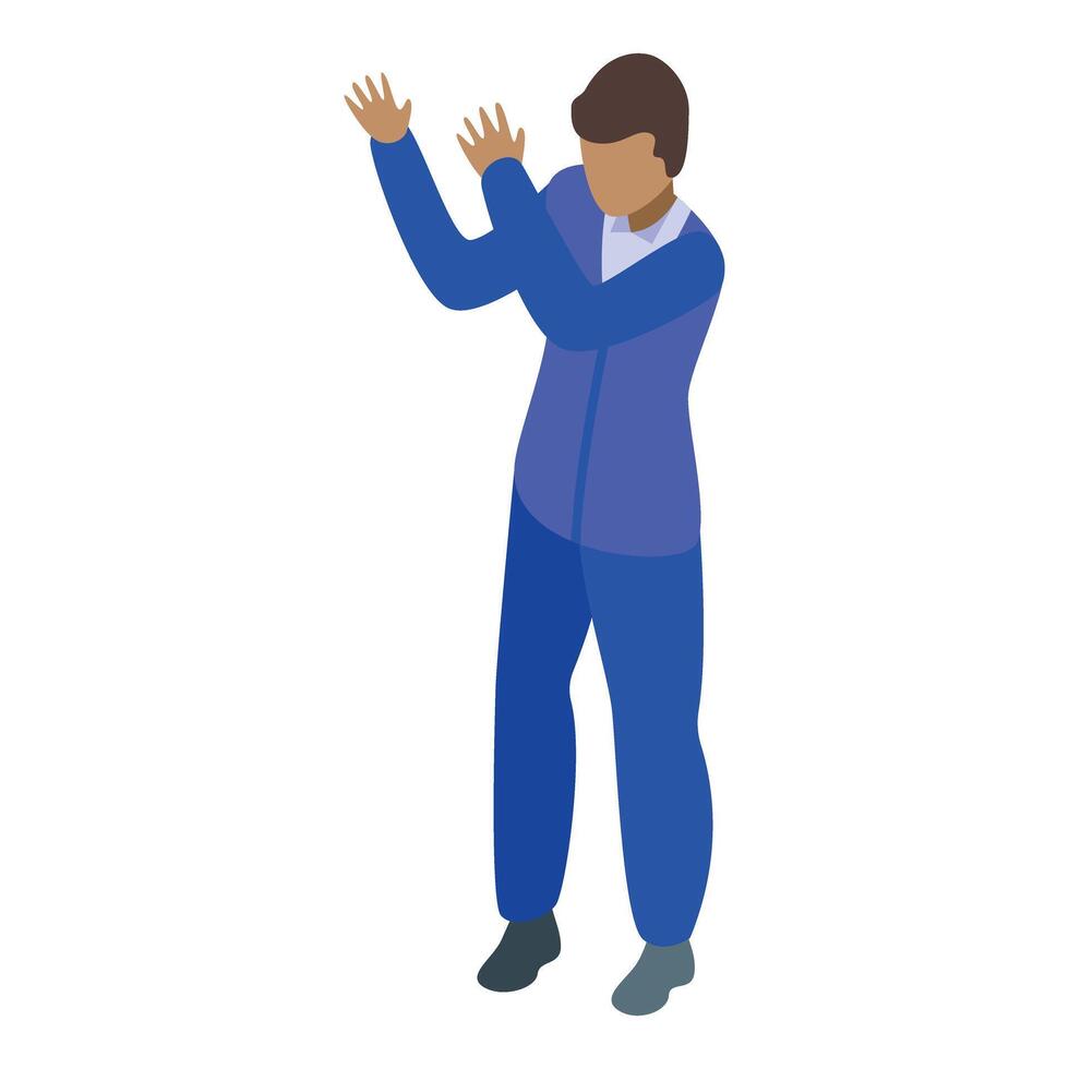 Young man is raising his hands in surrender pose vector