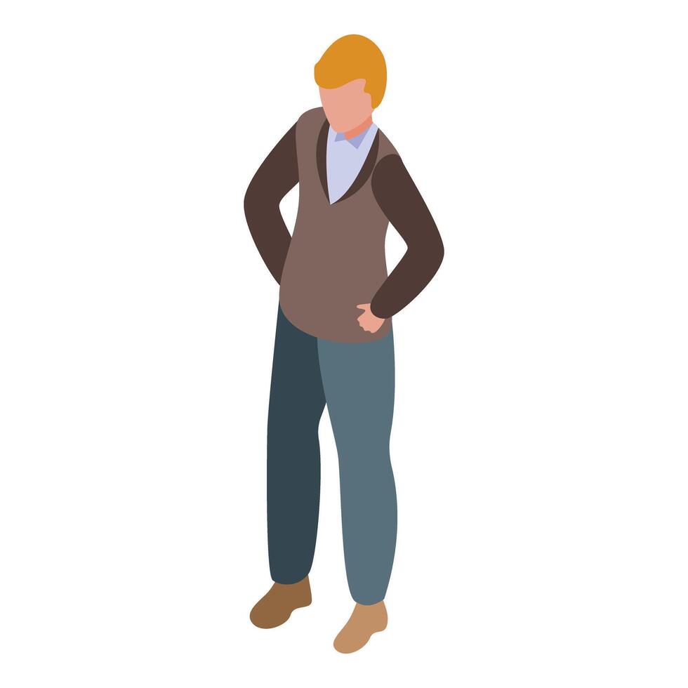 Blond man standing is wearing brown vest and blue pants in isometric view vector