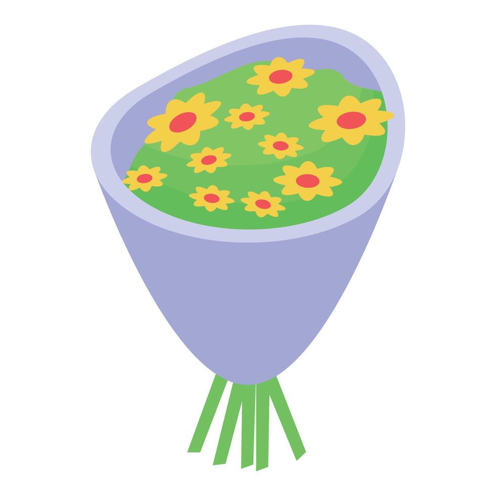 Flower bouquet standing in purple wrapping paper is waiting to be given vector