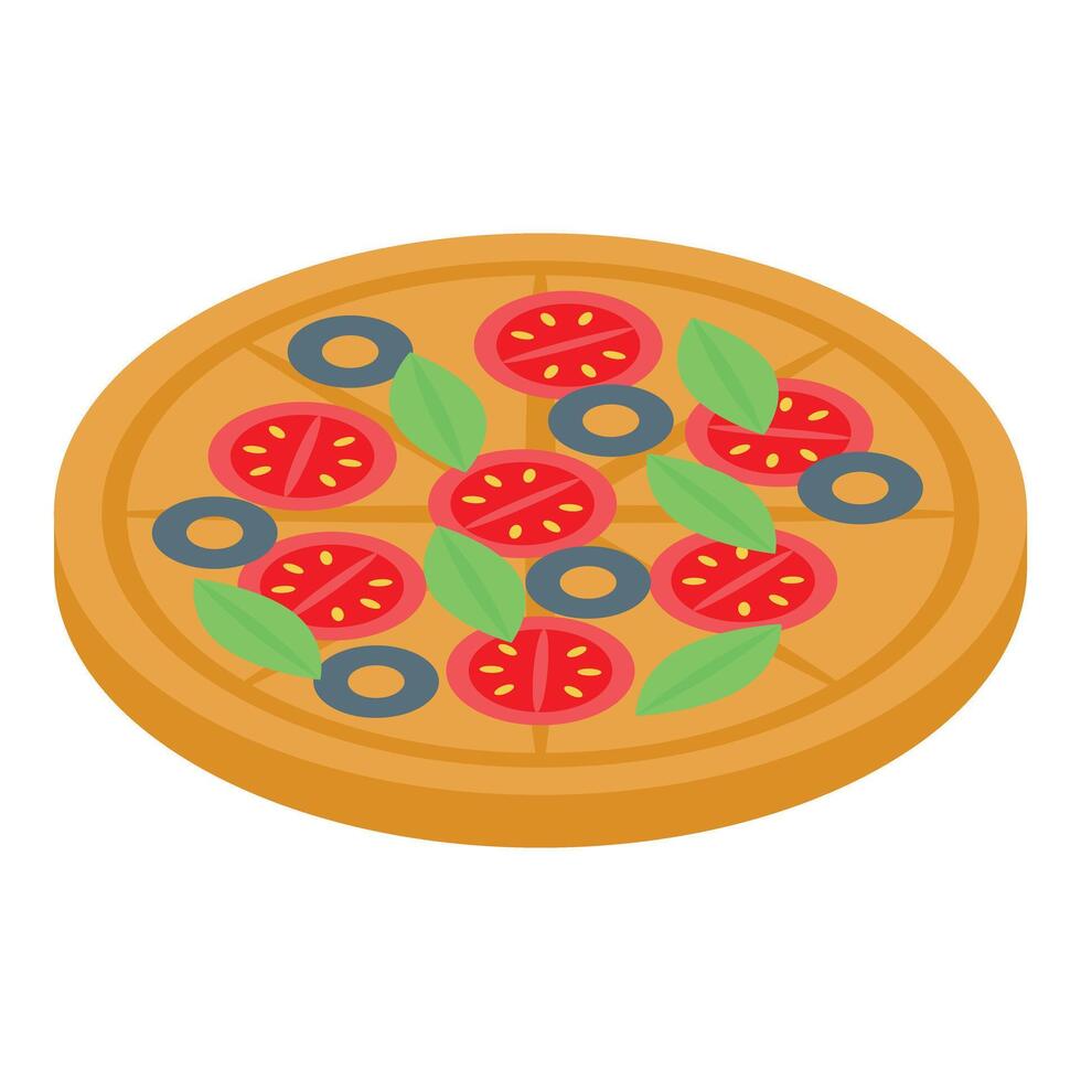 Delicious pizza lying on wooden board decorated with tomatoes and basil leaves vector