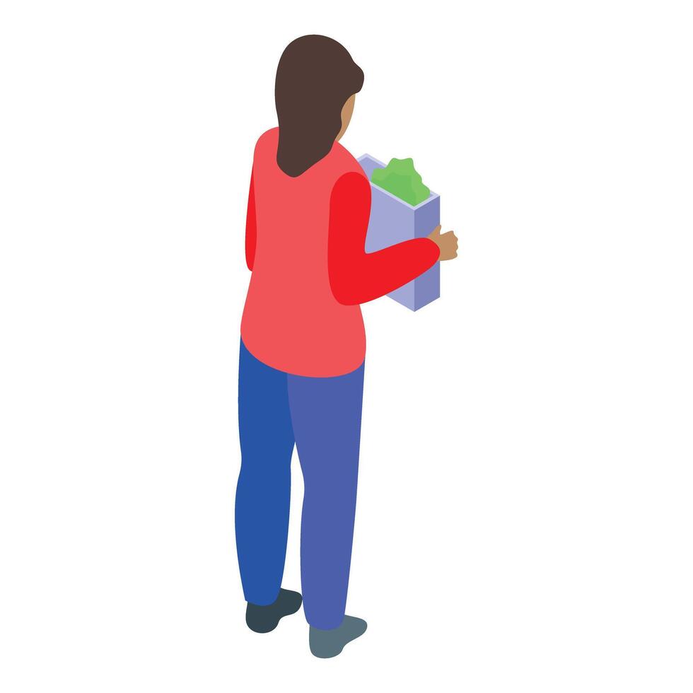 Office worker leaving carrying box with plant isometric icon vector
