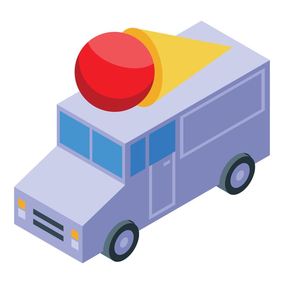 Ice cream truck carrying giant scoop and cone isometric icon vector