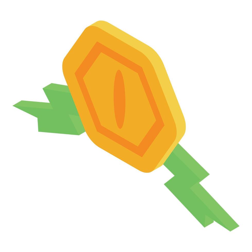 Golden hexagon coin is flying with two green wings on white background vector