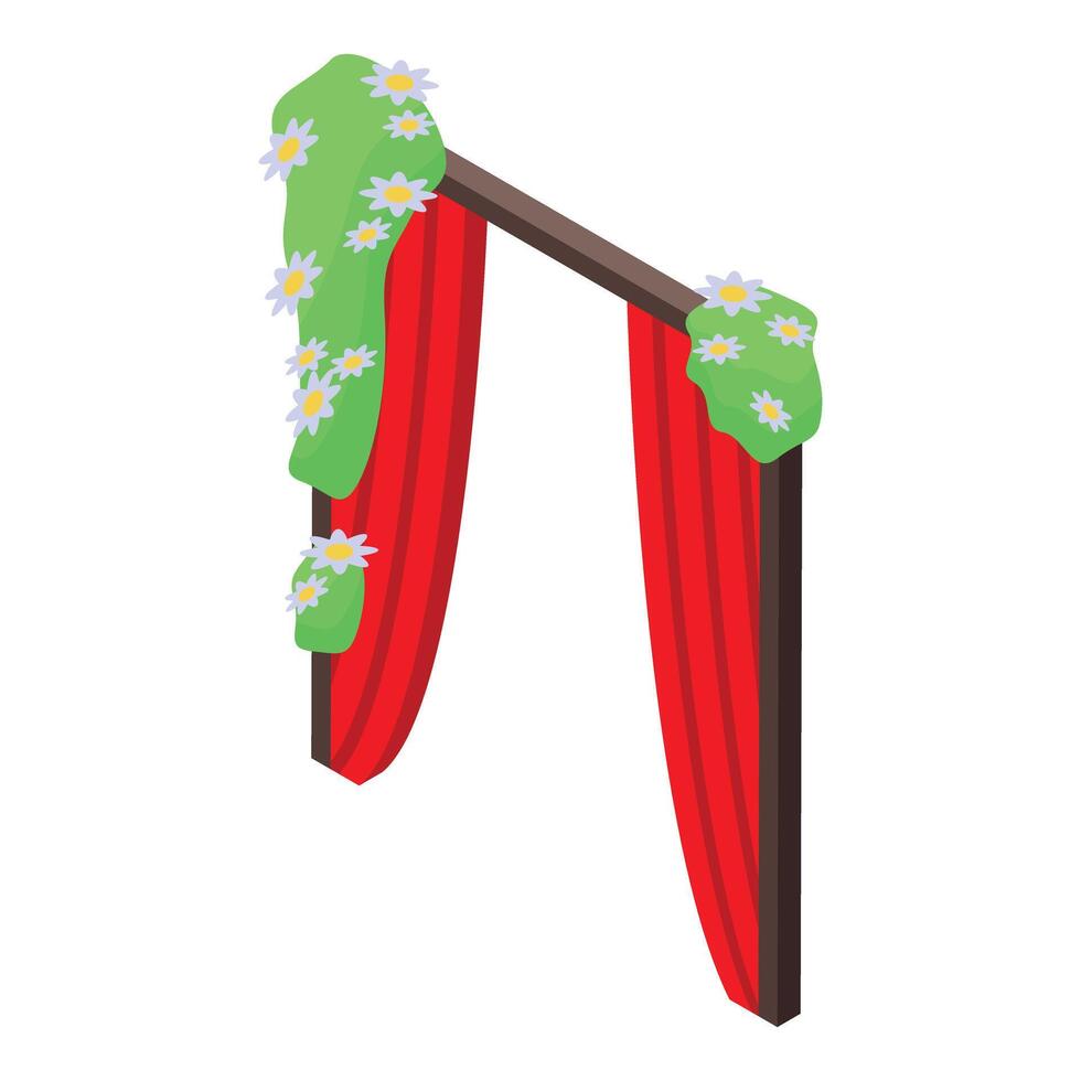 Wedding ceremony arch decorated with flowers and red curtains isometric icon vector