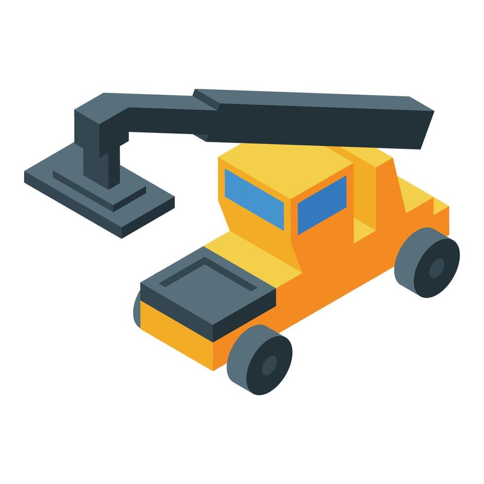Yellow truck crane lifting heavy load construction site isometric view vector
