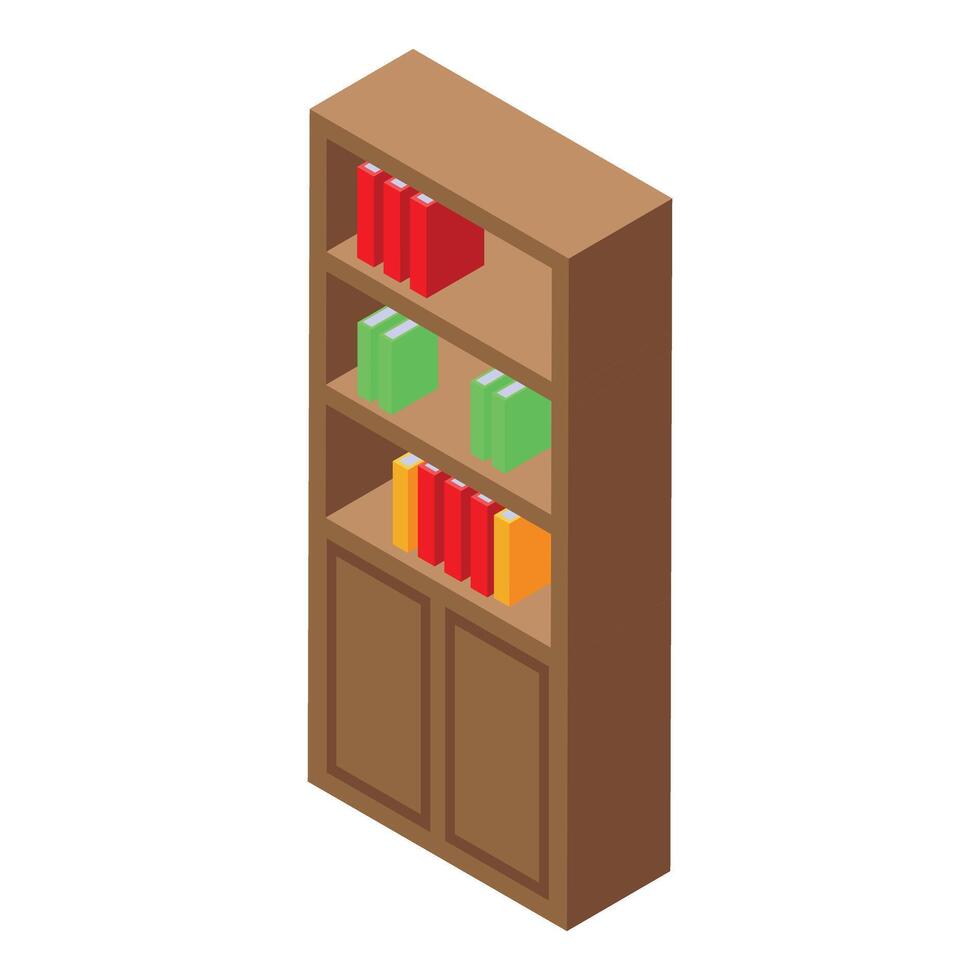 Wooden bookshelf holding colorful books isometric view vector
