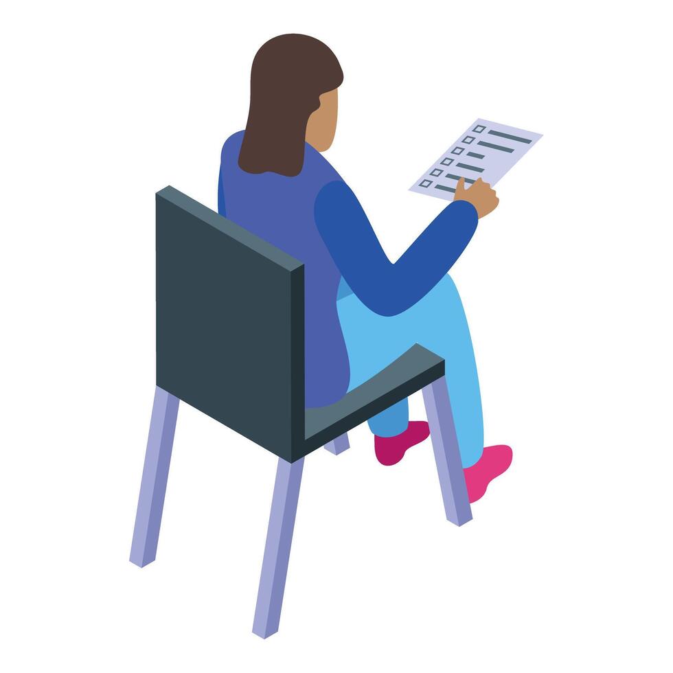 Woman sitting on chair taking exam filling out survey form vector