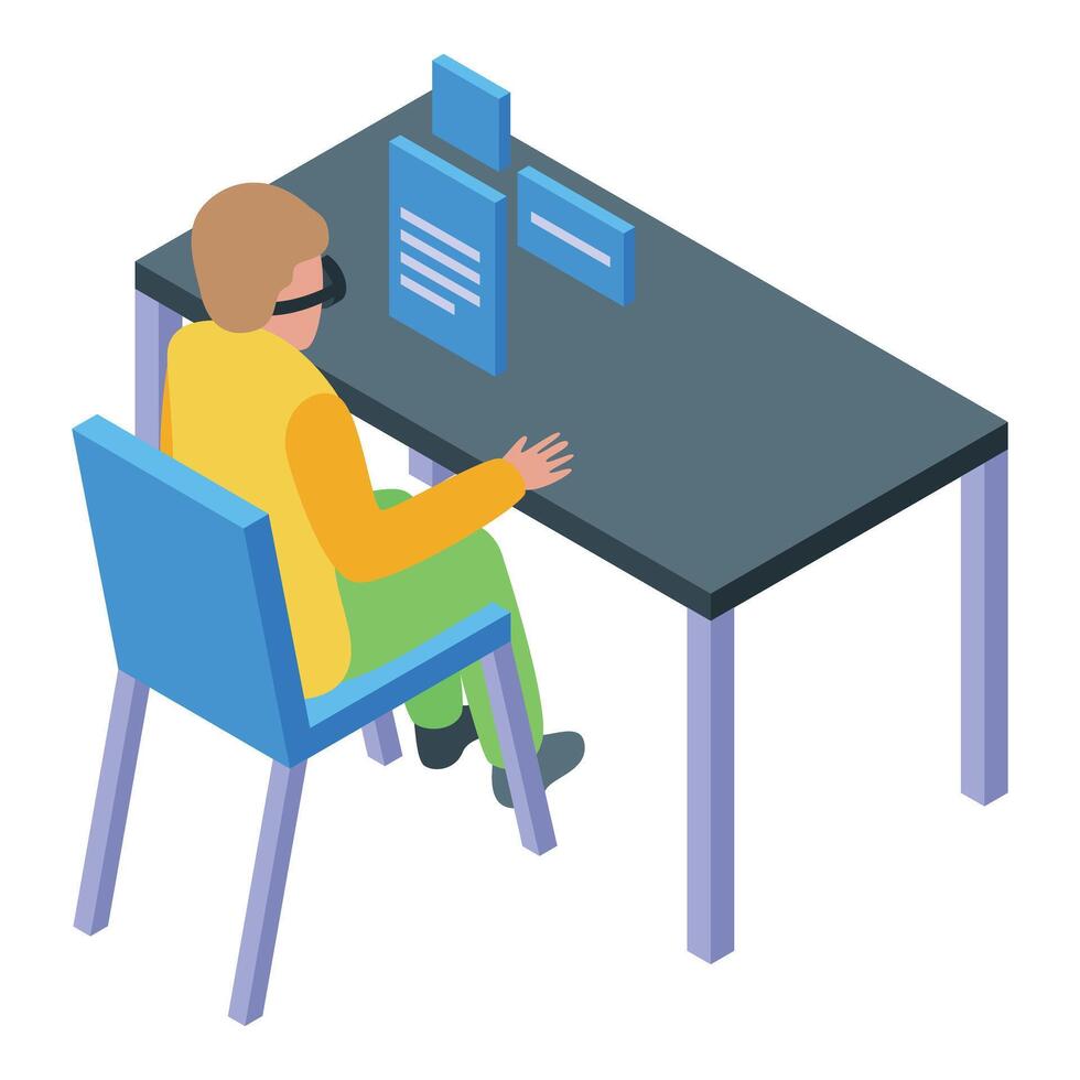Blind person reading braille text on desk with isometric illustration vector