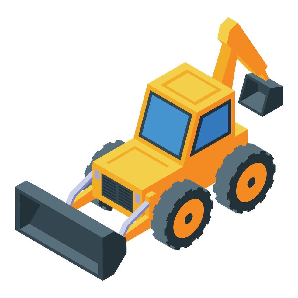 Yellow bulldozer digging with its bucket raised in isometric view vector