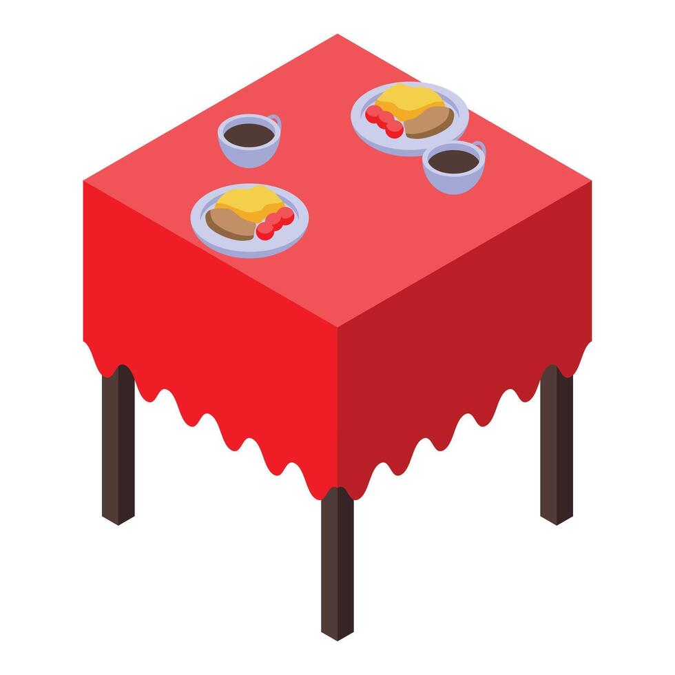 Square table with red tablecloth is set for breakfast with coffee and food vector