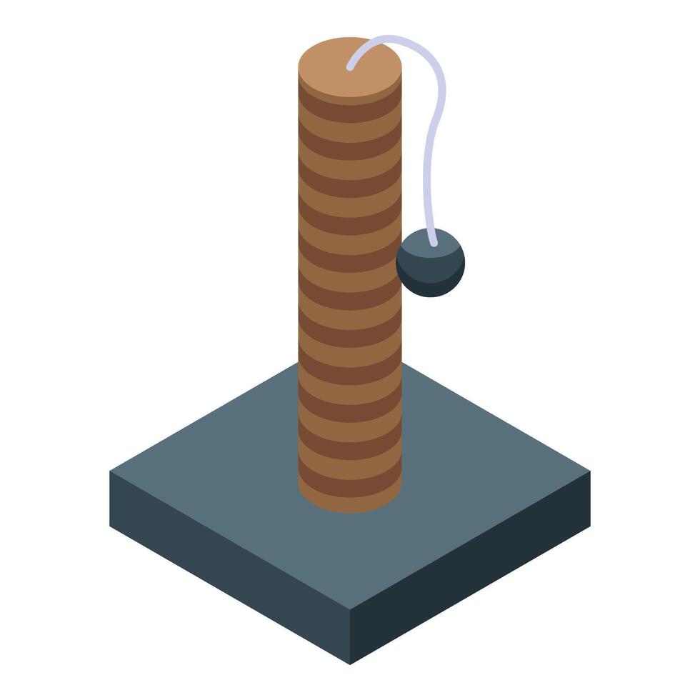 Cat scratching post with hanging ball is standing on grey mat vector