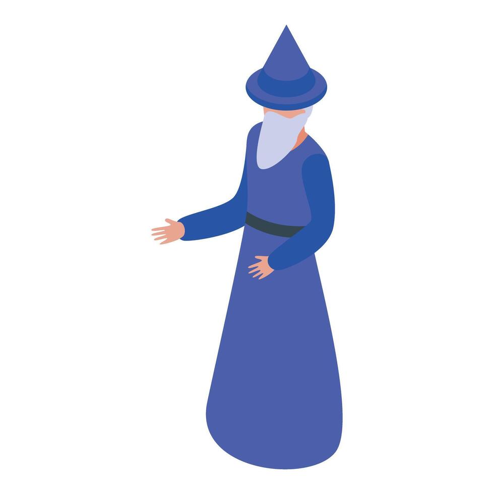 Senior wizard wearing blue robe and hat is gesturing with his hands vector