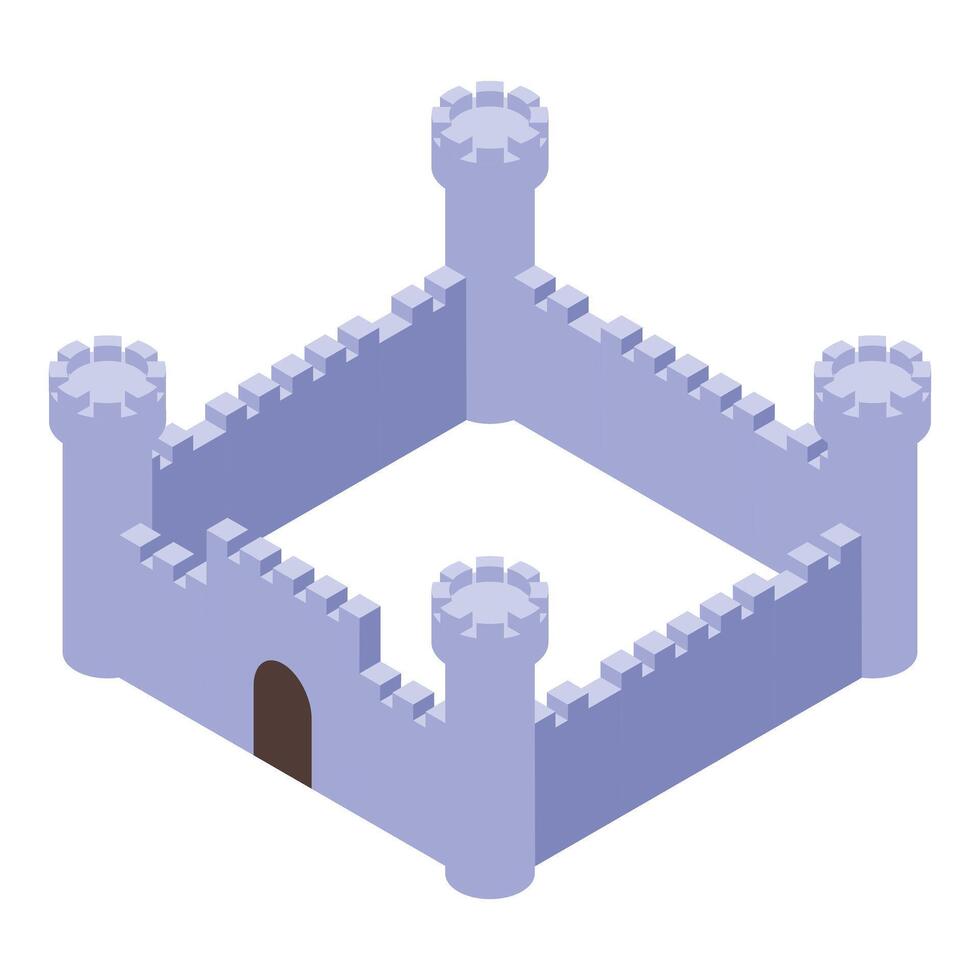 Isometric medieval castle with five towers protecting the square courtyard vector