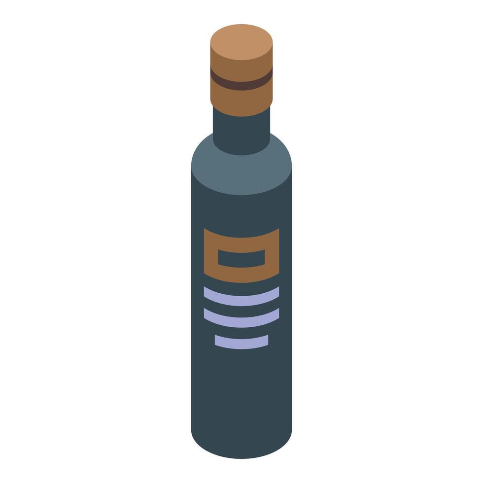 Dark glass bottle with cork lid containing liquid is standing on white background vector