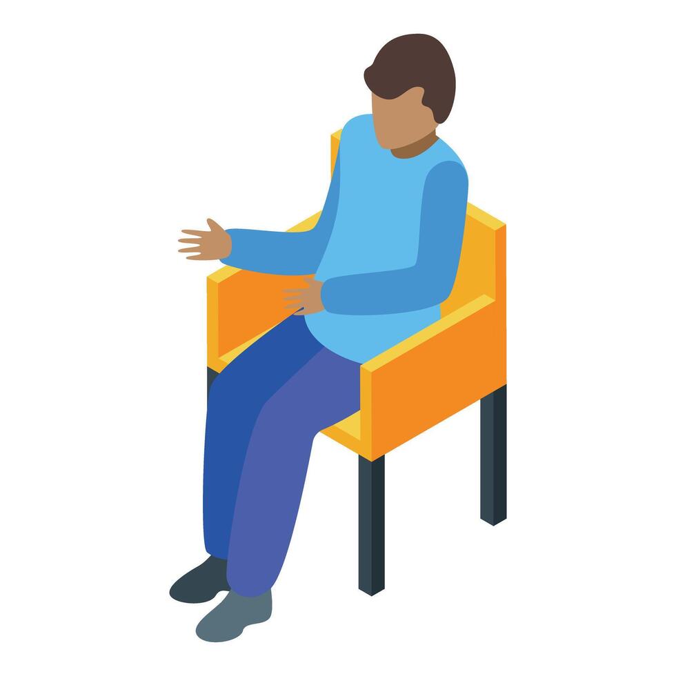Young man sitting on chair gesturing with hand isometric icon vector