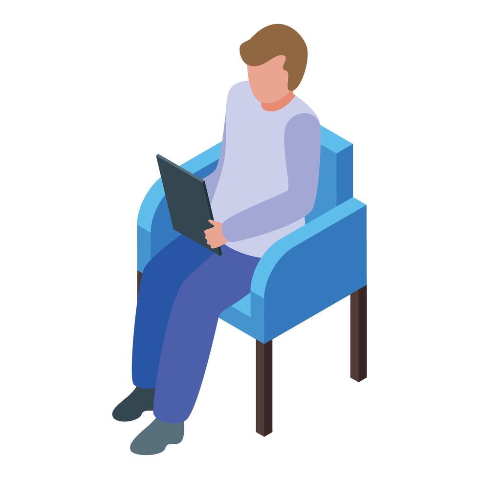 Young man sitting on armchair using tablet isometric icon vector
