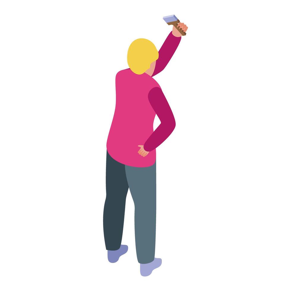 Painter man using paint brush on wall isometric view vector