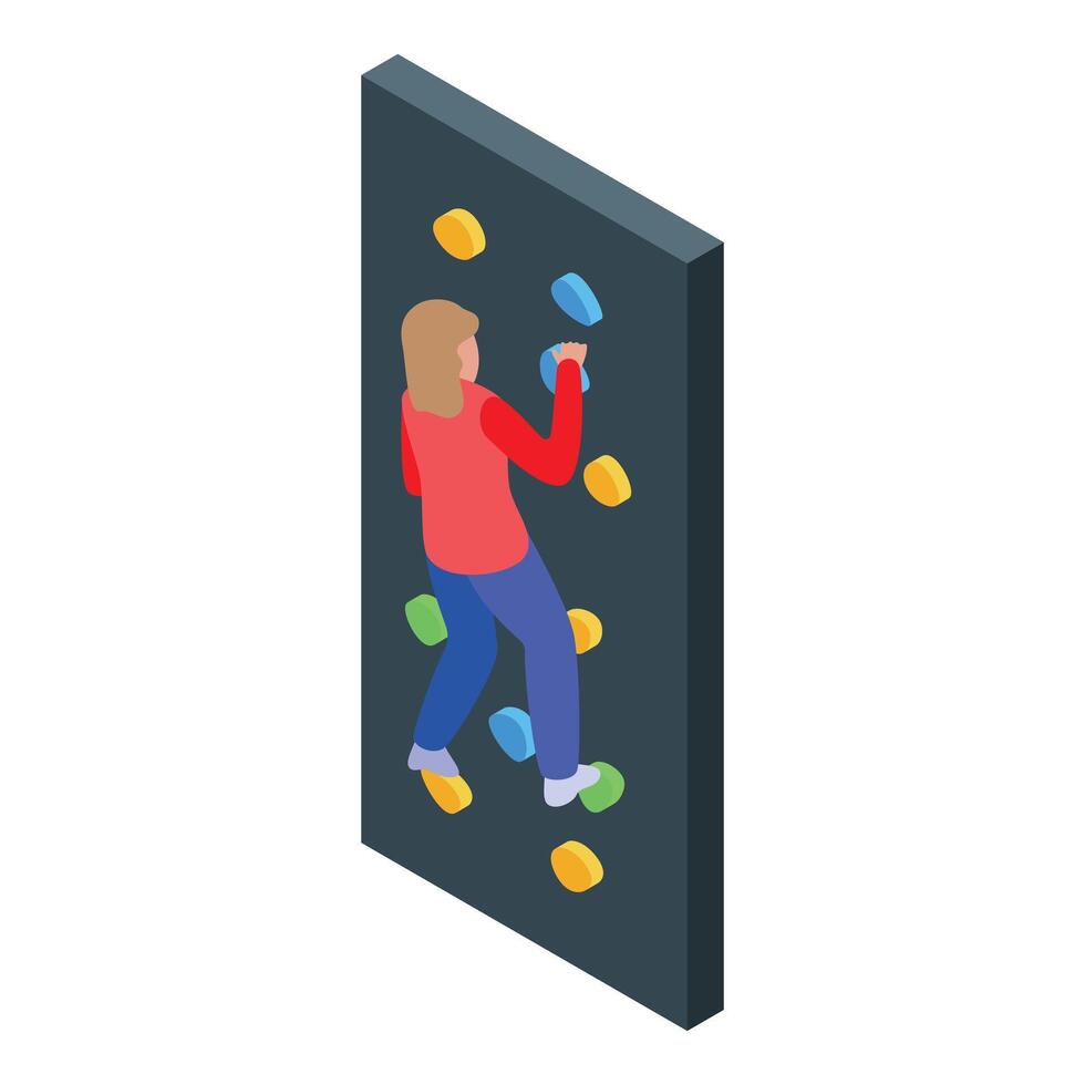 Young woman climbing artificial climbing wall practicing indoor climbing vector