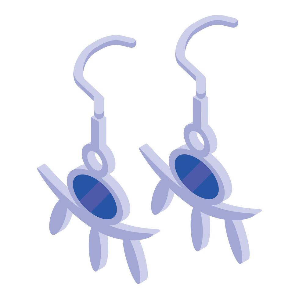 Pair of silver earrings with blue gemstone is hanging on white background vector