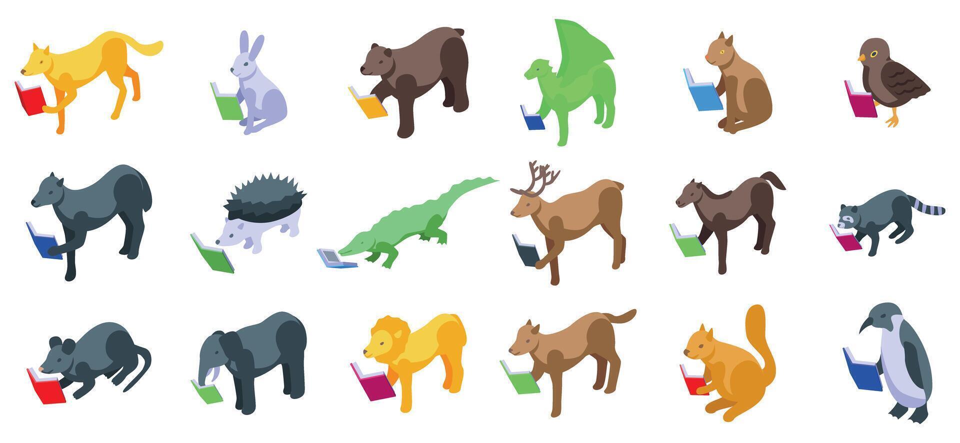 Animals read fairy tales icons set. Wild animals reading books educational collection isometric view vector