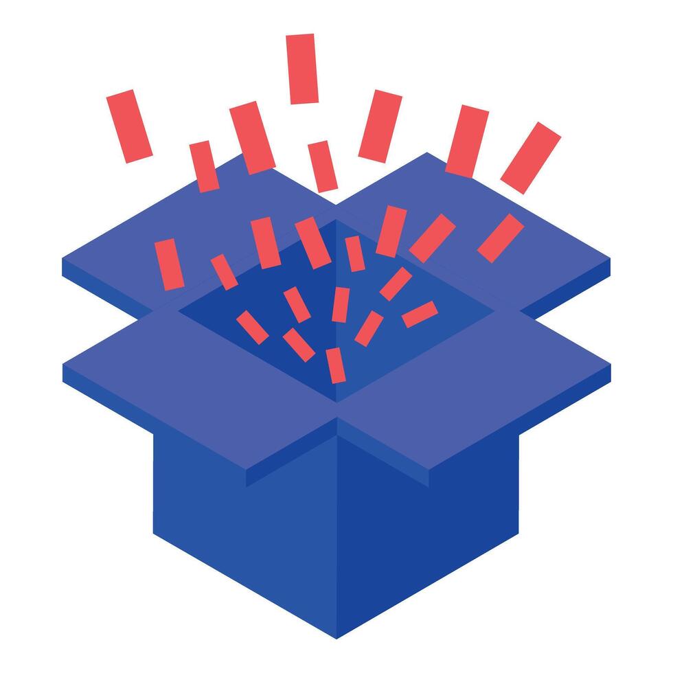 Blue cardboard box opening and exploding with abstract confetti in isometric view vector
