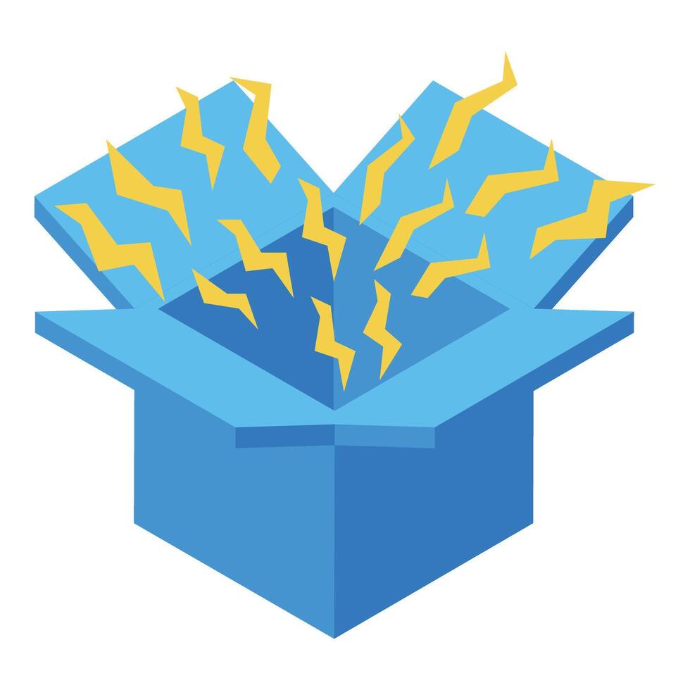 Open blue box generating lightning bolts isometric icon vector