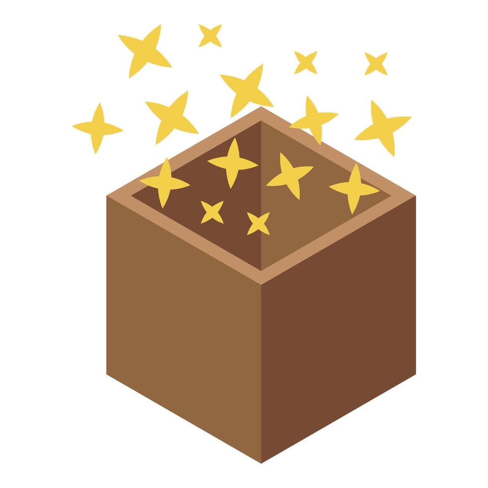 Open brown box overflowing with shining gold stars vector