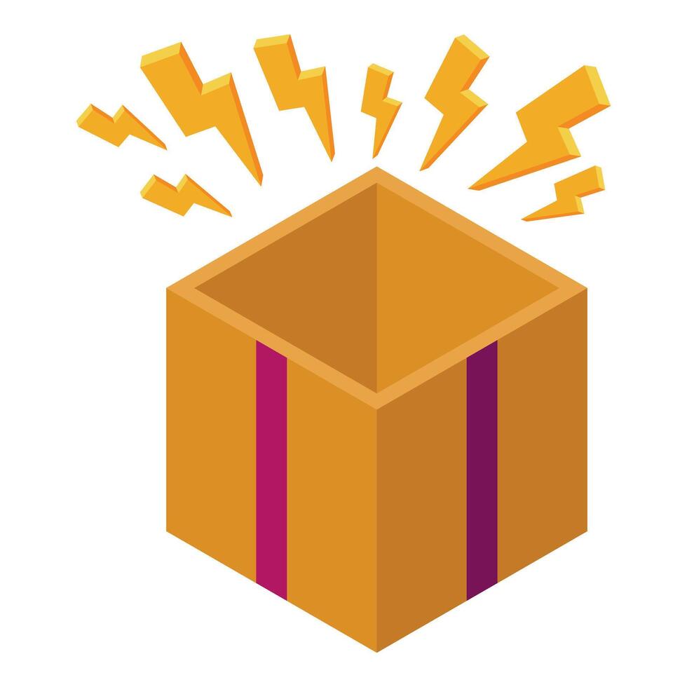 Open yellow gift box surrounded by lightnings isometric icon vector